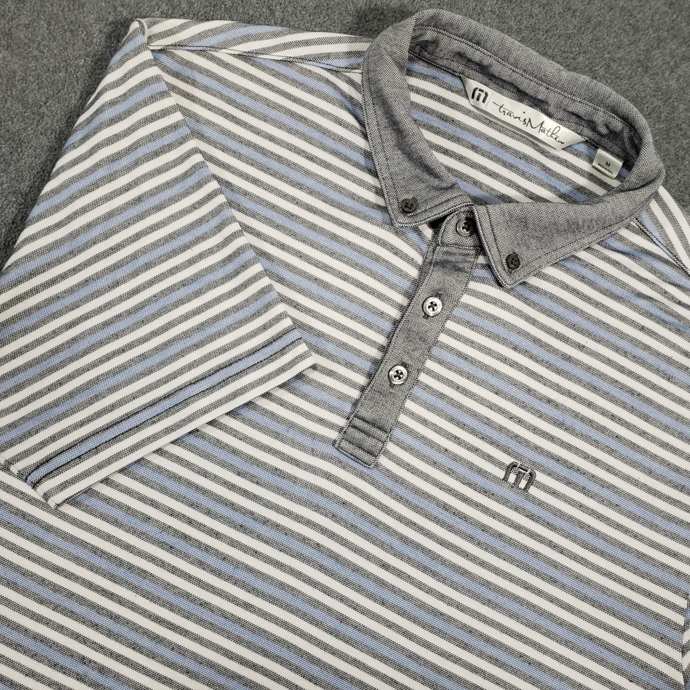 Travis Mathew Button Down Polo Shirt Men Medium Gray Blue Pima Cotton Striped‎